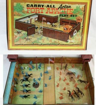 Vintage Marx Carry All Action Fort Apache Playset 4685 W/ Cowboy Indian Figures