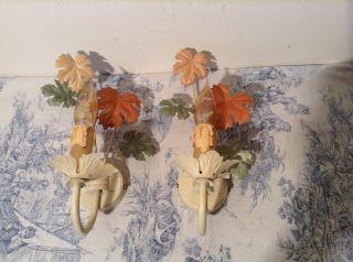 Pair French/italian Style Toleware Wall Sconce Lights,  Tole Autumn Leaves (1747)