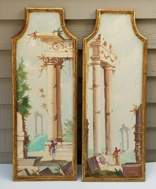 Pair (2) Italian Florentine Hand Painted Wood Wall Plaques Roman Ruins 27 " Tall