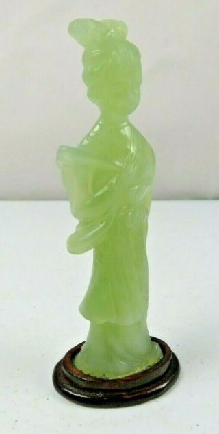 Vintage Chinese Green Jade Figure Young Maiden Geisha Guanine Wood Stand