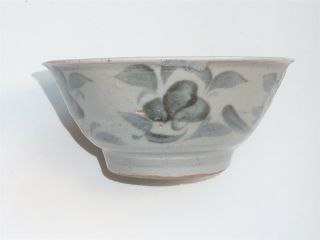 Duck Egg Blue Glaze Ming Dynasty Bowl Unusual Rose Design Signed Base