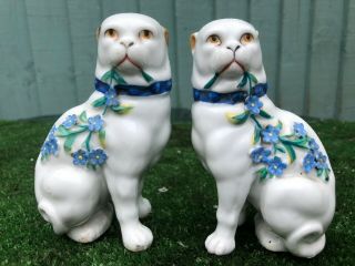 Pair: Mid 19thc Staffordshire Pug Dogs With Encrusted Flower Decor C1890s