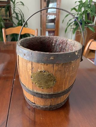 Antique Primitive Wood Wooden Paint Bucket With Handle & Medallion