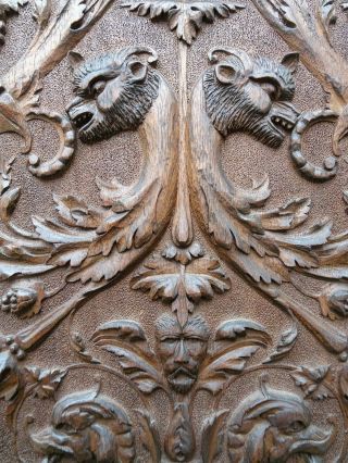 Stunning Mid 19thc Gothic Wooden Walnut Panel With Horned Devilish Heads C1860s