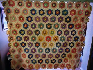 Vintage Grandmas Flower Garden Quilt Handmade Hand Stitched Feed Patch Work