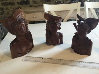 3 Hand Carved Balinese Bust Bali Hardwood Handmade Large Heavy