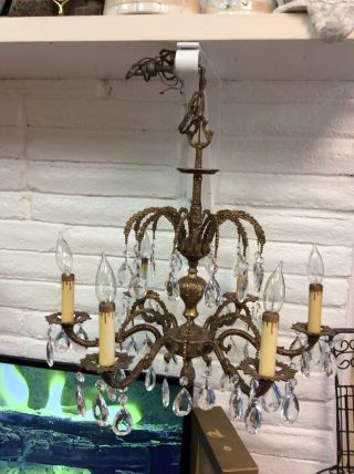 Vintage Brass And Crystal 6 Arm Chandelier Made In Spain
