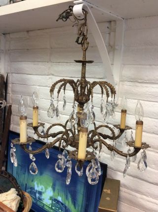 Vintage Brass And Crystal 6 Arm Chandelier Made In Spain 2