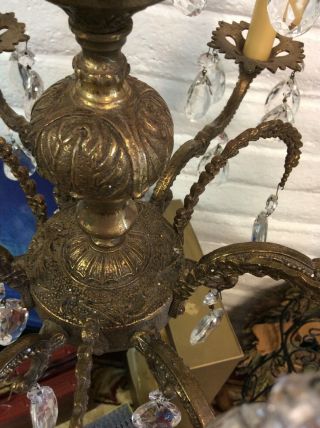 Vintage Brass And Crystal 6 Arm Chandelier Made In Spain 5