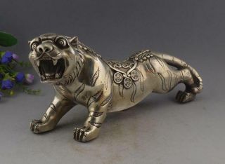 Collectible Decorated Tibet Silver Carved Big Tiger Walk Statue