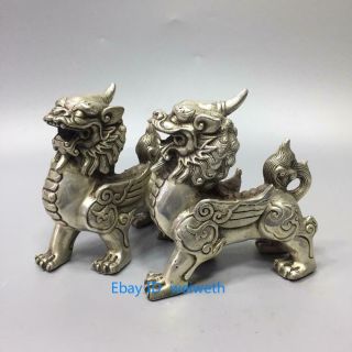 A Pair Old Chinese Tibet Silver Hand Carved Dragon Beast Kirin Statue