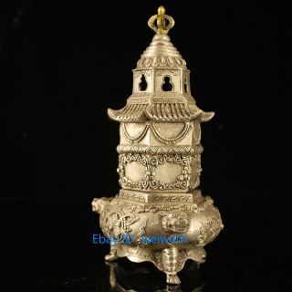 Chinese Tibet Silver Handwork - Carved Pagoda Incense Burner