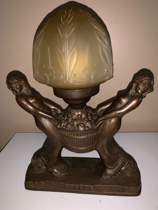 Art Deco Bronze Over Pewter Nude Women Vintage Lamp. , .