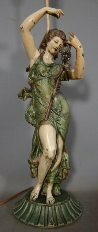 Lg Antique Art Nouveau Goddess Old Dancing Lady & Grapes Statue Figural Lamp