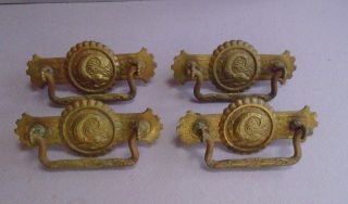 Set Of 4 Antique Brass Drawer Pulls - Eastlake Victorian Era - Dolphin Motif