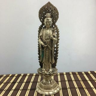 China Old Copper Plating Silver Carved Kwan - Yin Hand Lotus Flower Statue D01