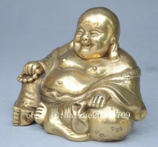 Chinese Old Buddhism Brass Ruyi Happy Laugh Wealth Maitreya Buddha Statue E02