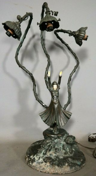 Antique Art Deco Figural Bronzed Lady Goddess Statue Old Ivorine Celluloid Lamp