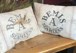 Primitive Vintage Bemis Grain Feed Sack Pillow Seamless Country