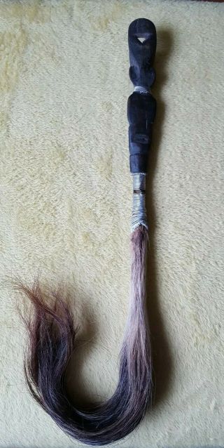 Vintage Antique African Fly Whisk Swatter Horse Hair Tail Carved Wood Handle 24 
