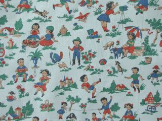 Vintage French Fabric Charming Children At Play Scenes Pattern Circa 1930 Cotton