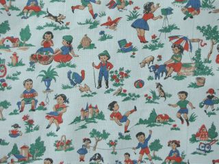 Vintage French Fabric charming children at play scenes pattern circa 1930 cotton 5