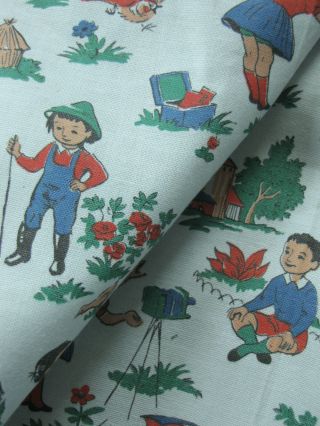 Vintage French Fabric charming children at play scenes pattern circa 1930 cotton 6