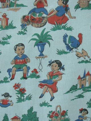 Vintage French Fabric charming children at play scenes pattern circa 1930 cotton 7