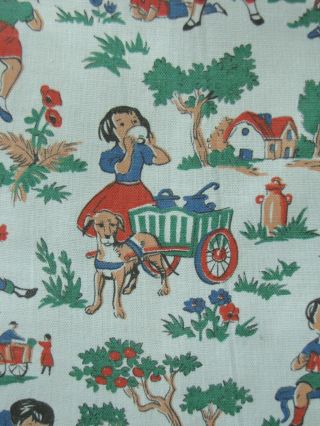 Vintage French Fabric charming children at play scenes pattern circa 1930 cotton 8