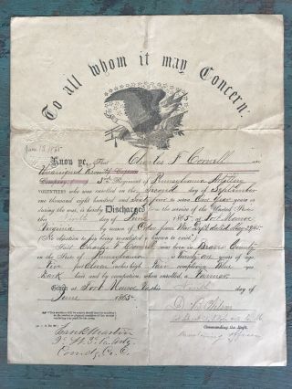 Civil War Discharge Papers 3rd Regiment Pa Artillery Charles Cornell Beaver Co.