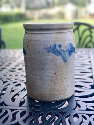 ANTIQUE SALT GLAZE STONEWARE CROCK 1 GALLON Blue Flower Design 2