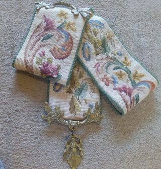 Antique Victorian Needlepoint Bell Pull Sash Wall Tapestry Brass Fittings