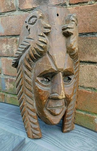 Vintage AFRICAN TRIBAL ETHNIC Hand Carved Wooden Wall Mask 2