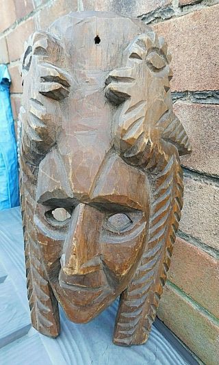 Vintage AFRICAN TRIBAL ETHNIC Hand Carved Wooden Wall Mask 3