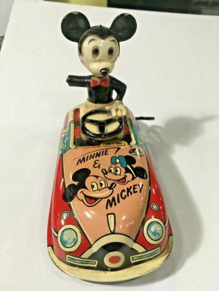 Louis Marx Walt Disney Mickey Mouse Tin Wind Up Car Antique