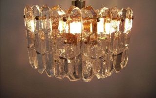 Large Vintage Ice Glass Brass Ceiling Pendant Lamp Kalmar Modernist Chandelier