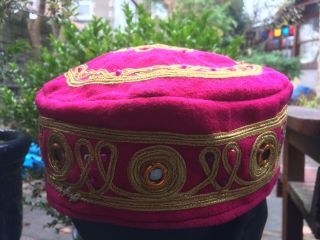 Vintage Smoking Cap size 59 or 7 1/4 in red felt with brocade beads and mirrors 4