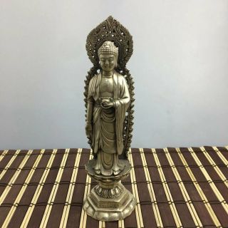 Chinese Old Copper Plating Silver Hand - Carved The Standing Buddha Statue D01