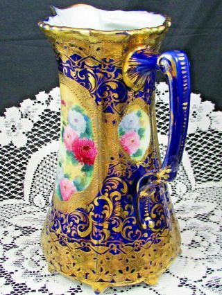 NIPPON LEAF MARK HP HEAVY GOLD BEADED PINK FLORAL LARGE PITCHER JUG 4