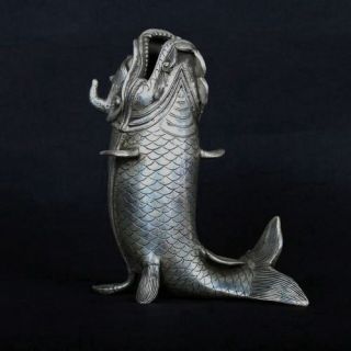 Chinese Old Copper Plating Silver Hand - Carved Fish Shape Incense Burner E02