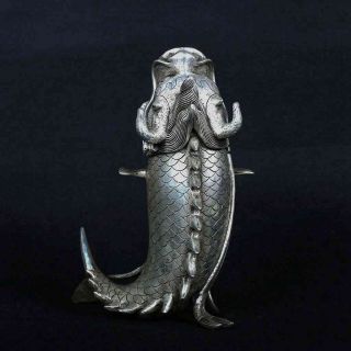 Chinese old copper plating silver Hand - Carved Fish Shape Incense Burner e02 2