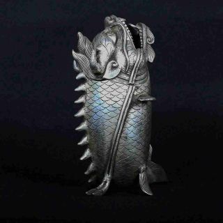 Chinese old copper plating silver Hand - Carved Fish Shape Incense Burner e02 3