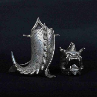 Chinese old copper plating silver Hand - Carved Fish Shape Incense Burner e02 7