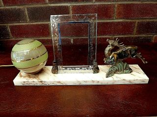 French Vintage/art Deco Table Lamp & Frame Bronzed Spelter Deer On Marble