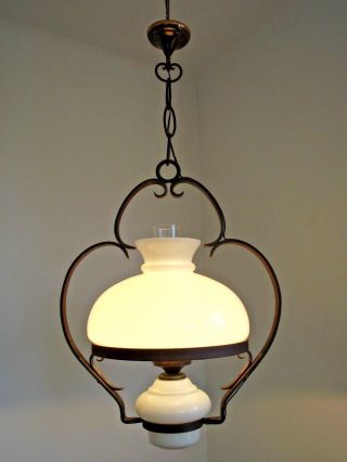 Old French Country Style Iron Ceiling Lantern Milk Glass Shade Base & Funnel 983