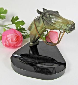 French Art Deco 1930s Marble Base Bronze Spelter Statue Horse Pen Tray Trinket