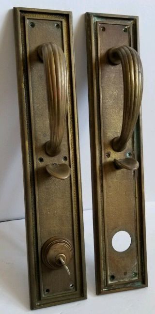 Antique Heavy Bronze Russwin Copley Gothic Door Pull & Push Plate Set Lock Key