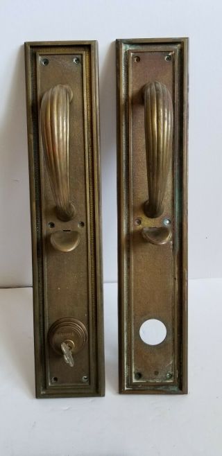 Antique Heavy Bronze RUSSWIN Copley Gothic Door Pull & Push Plate Set Lock Key 2