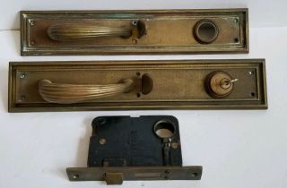 Antique Heavy Bronze RUSSWIN Copley Gothic Door Pull & Push Plate Set Lock Key 3