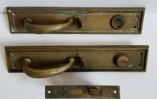 Antique Heavy Bronze RUSSWIN Copley Gothic Door Pull & Push Plate Set Lock Key 4